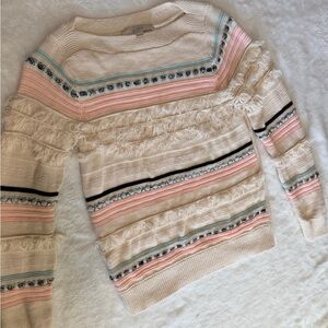 LOFT Cream and Pink Striped tassel Sweater